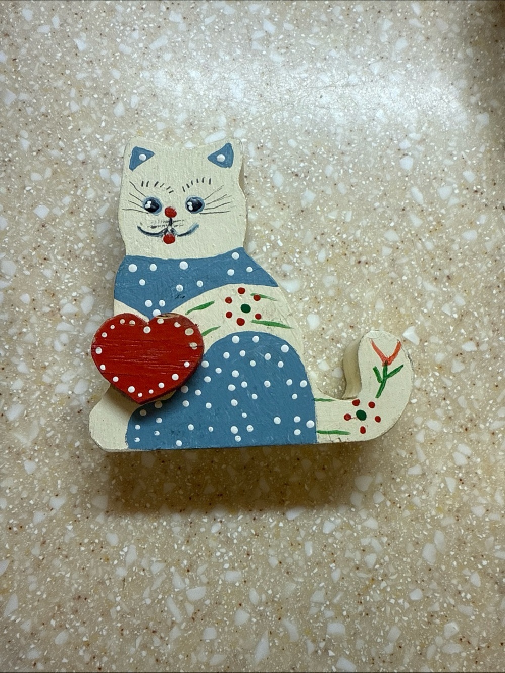 Vintage 1990’s Wooden Hand-Painted Blue & Cream Cat Figurine with Red Heart